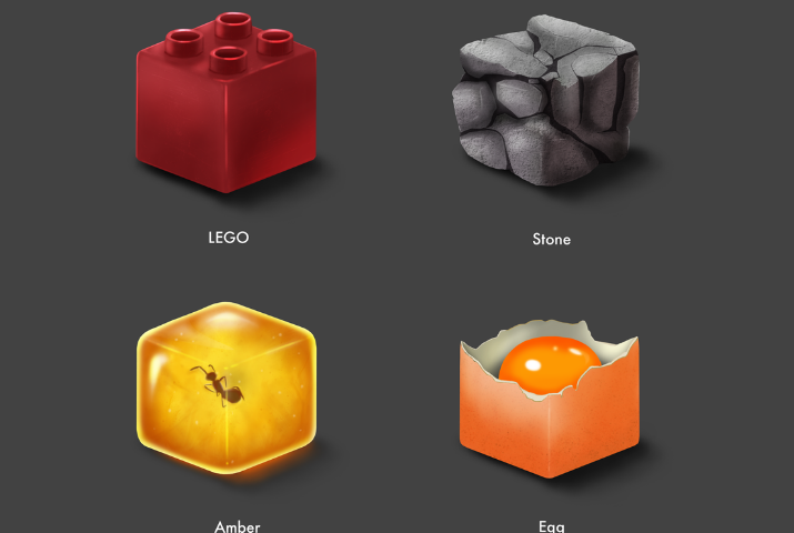 Cube - Material Study (LEGO, Stone, Amber, Egg)
